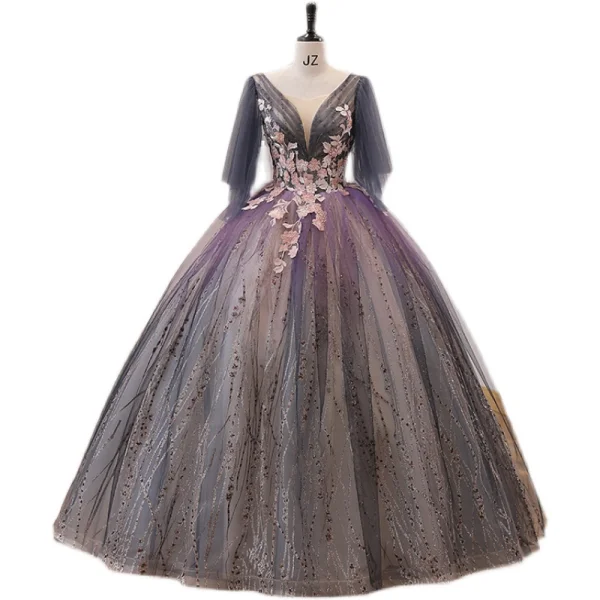 Elegant Purple Gradient-Color Prom Dresses 2022 Ball Gown Scoop Neck Pearl Lace Flower Short Sleeve Backless Floor-Length / Long Prom Formal Dresses