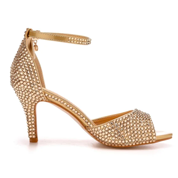 Sparkly Gold Rhinestone Evening Party Womens Sandals 2023 Ankle Strap 7 cm Stiletto Heels Open / Peep Toe Sandals High Heels