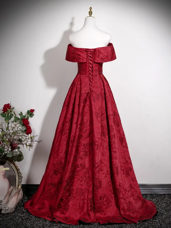 Vintage / Retro Burgundy Printing Prom Dresses 2025 A-Line / Princess Off-The-Shoulder Short Sleeve Backless Floor-Length / Long Formal Dresses