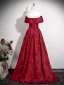 Vintage / Retro Burgundy Printing Prom Dresses 2025 A-Line / Princess Off-The-Shoulder Short Sleeve Backless Floor-Length / Long Formal Dresses