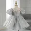 Chic / Beautiful Grey Wedding Short Flower Girl Dresses 2022 Ball Gown Scoop Neck Puffy Short Sleeve Pearl Sequins Appliques Flower Girl Dresses