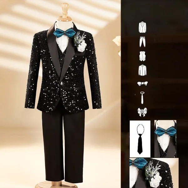 Black Sequins Long Sleeve Fall Winter 6-piece Boys Wedding Suits Body Jewellery 2025 Coat Pants Shirt Tie Vest