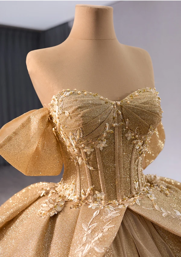 Luxury / Gorgeous Sparkly Gold Glitter Sequins Pearl Lace Flower Prom Dresses 2024 Ball Gown Off-The-Shoulder Short Sleeve Backless Chapel Train