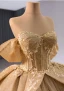 Luxury / Gorgeous Sparkly Gold Glitter Sequins Pearl Lace Flower Prom Dresses 2024 Ball Gown Off-The-Shoulder Short Sleeve Backless Chapel Train