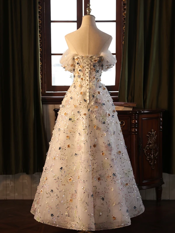 Chic / Beautiful Ivory Pearl Sequins Appliques Prom Dresses 2024 A-Line / Princess Off-The-Shoulder Short Sleeve Backless Floor-Length / Long Prom Formal Dresses