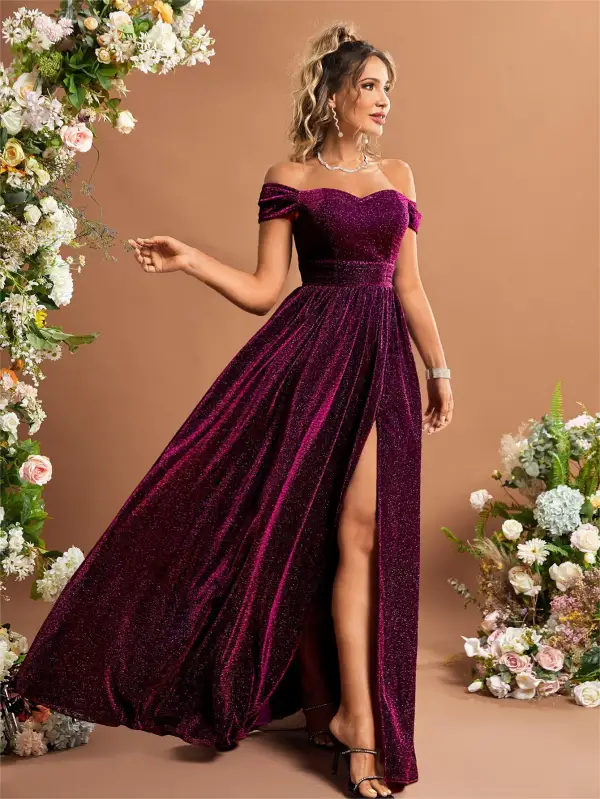Elegant Green Glitter Split Front Prom Dresses 2025 A-Line / Princess Off-The-Shoulder Sleeveless Backless Floor-Length / Long Prom Formal Dresses