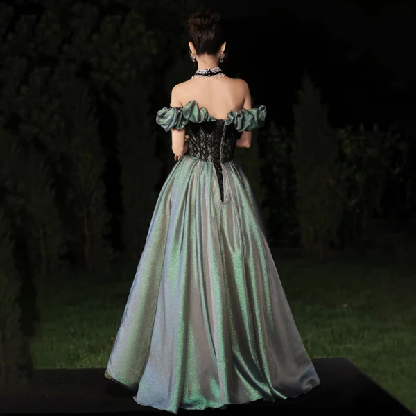 Fashion Green Prom Dresses 2024 A-Line / Princess Ruffle Off-The-Shoulder Sleeveless Backless Floor-Length / Long Prom Formal Dresses