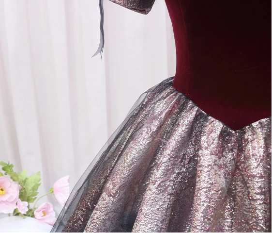 Elegant Burgundy Glitter Prom Dresses 2024 Ball Gown Square Neckline Puffy Short Sleeve Backless Floor-Length / Long Prom Formal Dresses