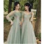 Modest / Simple Sage Green Lace Bridesmaid Dresses 2022 A-Line / Princess Short Sleeve Backless Floor-Length / Long Bridesmaid