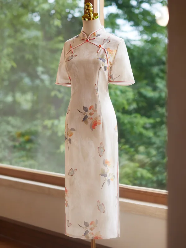 Chinese style Beige Printing Tea-length Cheongsam / Qipao 2024 Trumpet / Mermaid Polyester Short Sleeve