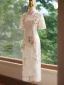 Chinese style Beige Printing Tea-length Cheongsam / Qipao 2024 Trumpet / Mermaid Polyester Short Sleeve