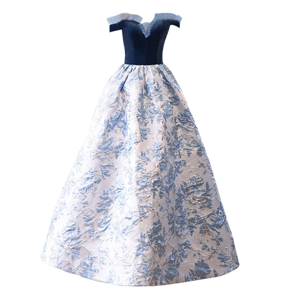 Elegant Ocean Blue Glitter Suede Prom Dresses 2022 Satin Ball Gown Off-The-Shoulder Short Sleeve Backless Floor-Length / Long Formal Dresses