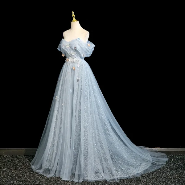 Chic / Beautiful Sky Blue Beading Pearl Appliques Prom Dresses 2025 Ball Gown Off-The-Shoulder Short Sleeve Backless Sweep Train Prom Formal Dresses