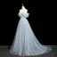 Chic / Beautiful Sky Blue Beading Pearl Appliques Prom Dresses 2025 Ball Gown Off-The-Shoulder Short Sleeve Backless Sweep Train Prom Formal Dresses
