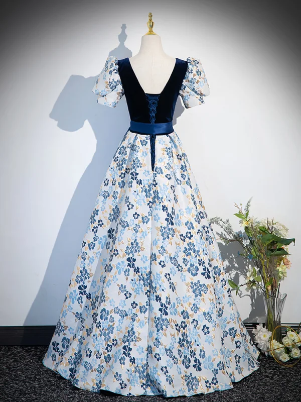 Chic / Beautiful Navy Blue Printing Prom Dresses 2024 A-Line / Princess V-Neck Short Sleeve Bow Sash Backless Floor-Length / Long Prom Formal Dresses