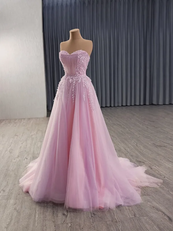 High-end Blushing Pink Appliques Beading Pearl Prom Dresses 2025 A-Line / Princess Strapless Sleeveless Backless Sweep Train Prom Formal Dresses