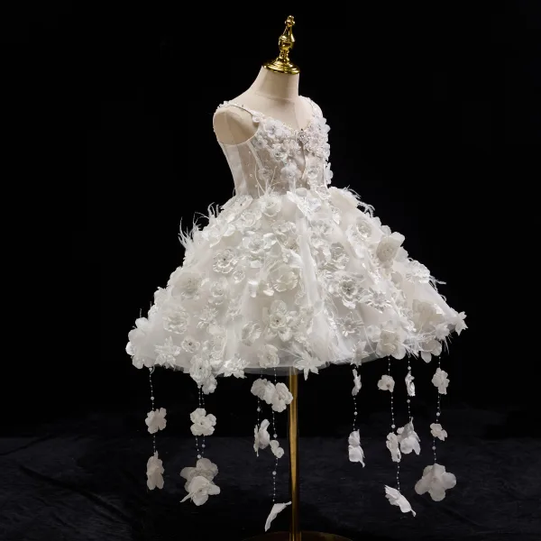 Fashion White Beading Lace Flower Appliques Pearl Short Birthday Flower Girl Dresses 2025 Ball Gown Spaghetti Straps Sleeveless Backless