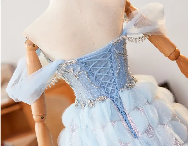 High-end Sky Blue Beading Rhinestone Cascading Ruffles Prom Dresses 2024 Ball Gown Off-The-Shoulder Sleeveless Backless Floor-Length / Long Prom Formal Dresses