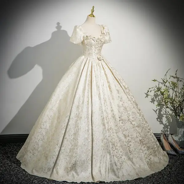 Elegant Champagne Appliques Printing Prom Dresses 2025 Ball Gown U-Neck Puffy Short Sleeve Backless Floor-Length / Long Prom Formal Dresses