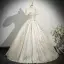 Elegant Champagne Appliques Printing Prom Dresses 2025 Ball Gown U-Neck Puffy Short Sleeve Backless Floor-Length / Long Prom Formal Dresses