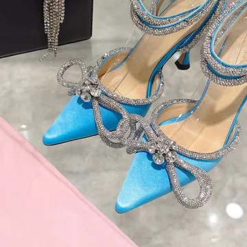 Sexy Blauw Avond Damesschoenen 2022 Satijn Rhinestone Strik 9 Cm Naaldhakken Stiletto Enkelband Spitse Neus Hoge Hakken