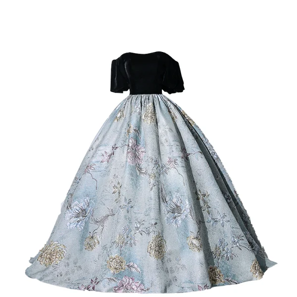 Elegant Sequins Flower Black Prom Dresses 2023 Ball Gown Off-The-Shoulder Short Sleeve Backless Floor-Length / Long Prom Formal Dresses