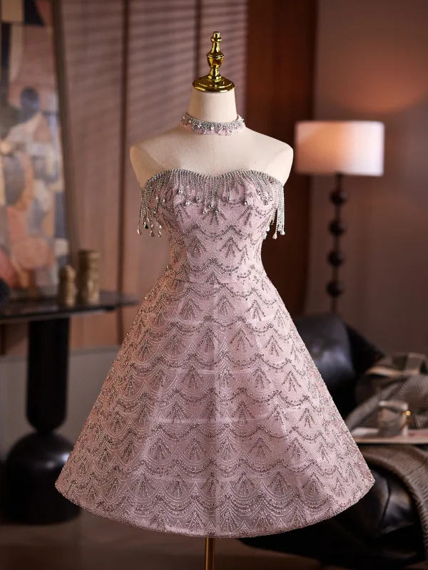 Sjarmerende Bling Bling Rødmende Rosa Beading Rhinestone Paljetter Selskapskjoler 2025 Prinsesse Kjæreste Uten Ermer Ryggløse Sløyfe Knelengde Aften