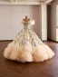 Luxury / Gorgeous Champagne Beading Lace Flower Sequins Ruffle Prom Dresses 2026 Ball Gown V-Neck Short Sleeve Backless Sweep Train Formal Dresses