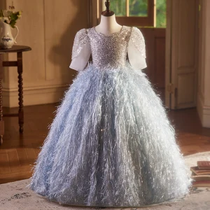 Charmant Bleu Ciel Perlage Paillettes Gland Anniversaire Robe Ceremonie Fille 2024 Robe Boule Encolure Dégagée Manches Courtes Dos Nu Longue