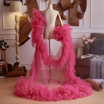 Mode Fushia Volants En Cascade Fait Main Soirée Manches Courtes Châle 2025 Tulle