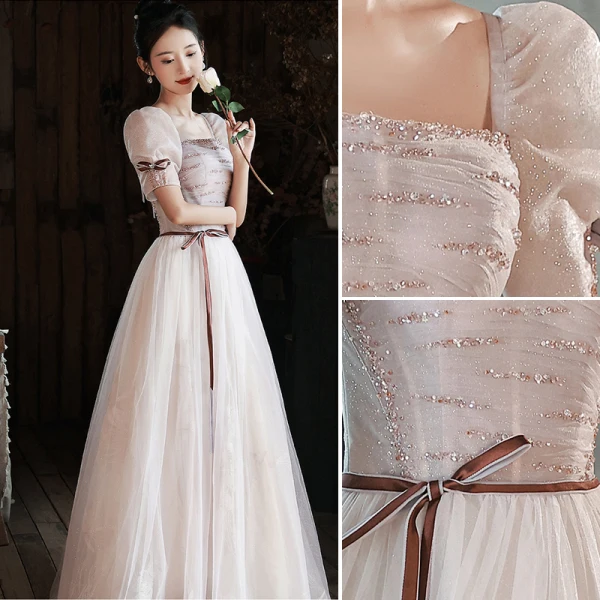 Chic / Belle Rougissant Rose Paillettes Robe De Bal 2022 Princesse Encolure Carrée Manches Courtes Dos Nu Noeud Longue Promo Robe De Ceremonie