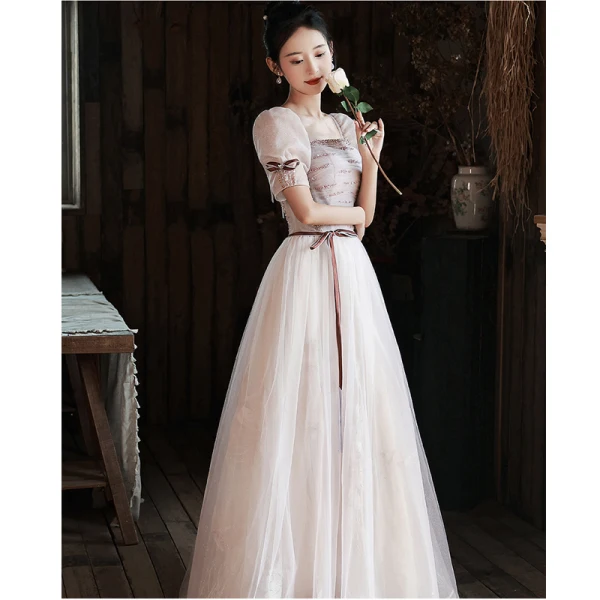 Chic / Belle Rougissant Rose Paillettes Robe De Bal 2022 Princesse Encolure Carrée Gonflée Manches Courtes Dos Nu Noeud Ceinture Longue Promo Robe De Ceremonie