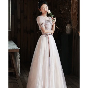 Chic Belle Rougissant Rose Paillettes Robe De Bal 2022 Princesse Encolure Carrée Manches Courtes Dos Nu Noeud Longue Promo Robe De Ceremonie