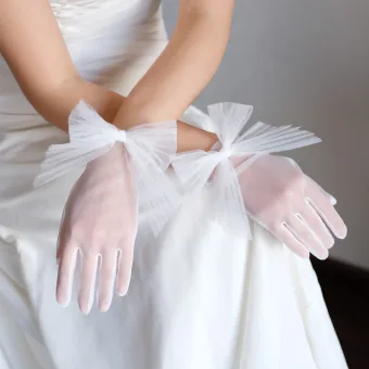Schöne Weiß Rüschen Schleife Hochzeit Brauthandschuhe 2025 Tülle