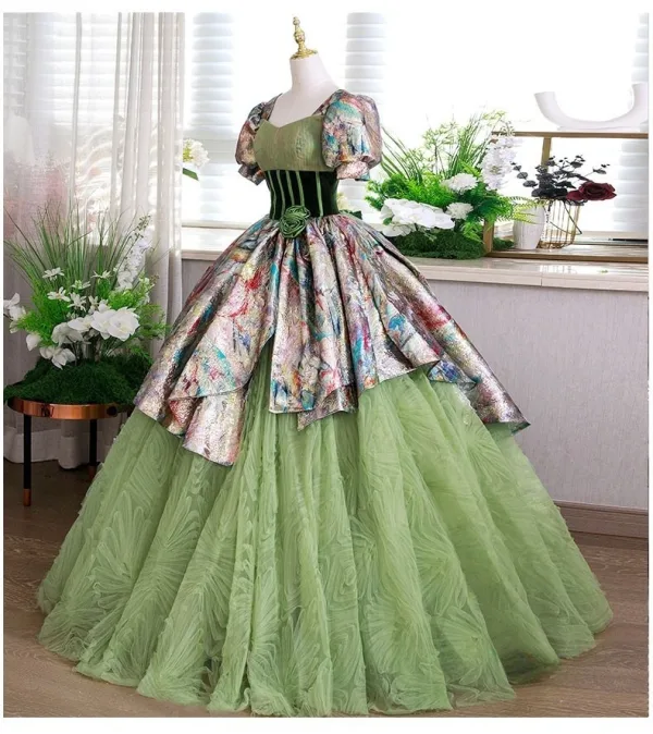 Elegante Salbeigrün Ballkleid Ballkleider 2025 Eckiger Ausschnitt Geschwollenes Kurze Ärmel Rückenfreies Lange Ball Festliche Kleider