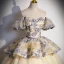 Elegant Champagne Cascading Ruffles Printing Prom Dresses 2023 Ball Gown Off-The-Shoulder Puffy Short Sleeve Backless Floor-Length / Long Prom Formal Dresses
