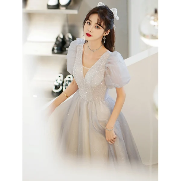 Chic / Belle Gris Paillettes Robe De Bal 2022 Princesse V-Cou Manches Courtes Dos Nu Longue Promo Robe De Ceremonie