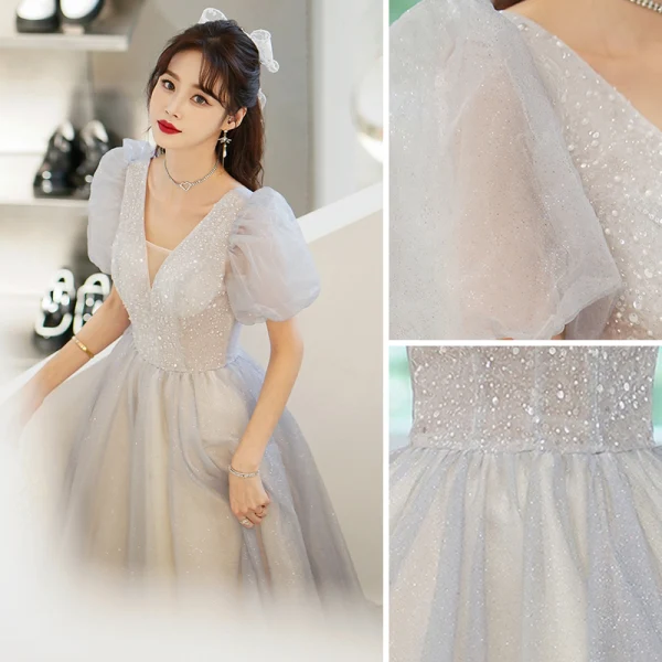 Chic / Belle Gris Paillettes Robe De Bal 2022 Princesse V-Cou Manches Courtes Dos Nu Longue Promo Robe De Ceremonie