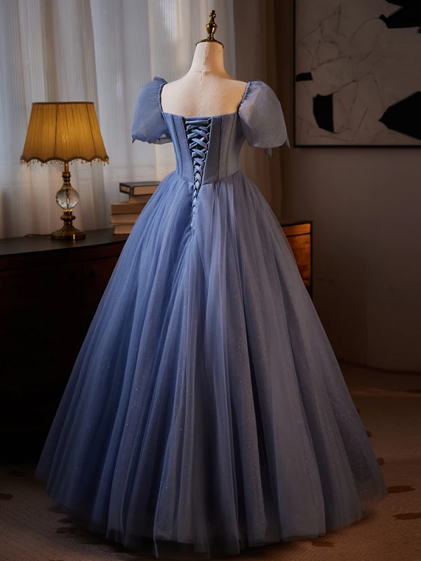 Chic / Beautiful Ocean Blue Glitter Rhinestone Prom Dresses 2024 Ball Gown Square Neckline Puffy Short Sleeve Backless Formal Dresses Prom Floor-Length / Long