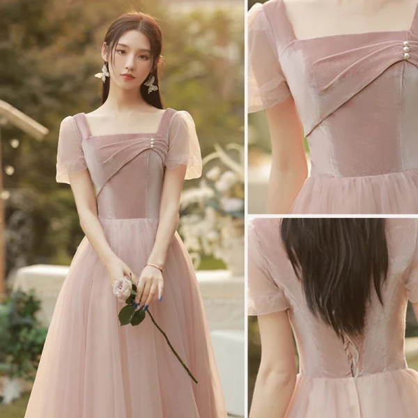 Simple Rougissant Rose Robe Demoiselle D'honneur 2022 Princesse Encolure Carrée Manches Courtes Dos Nu Longue Robe Pour Mariage