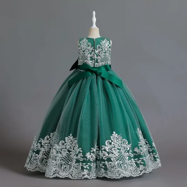 Elegant Burgundy Birthday Lace Flower Flower Girl Dresses 2023 A-Line / Princess Scoop Neck Sleeveless Bow Sash Floor-Length / Long Flower Girl Dresses