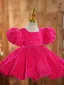 Schön Fuchsie Kurze Pailletten Geburtstag Blumenmädchenkleider 2024 Ballkleid Eckiger Ausschnitt Geschwollenes Kurze Ärmel Rückenfreies Schleife Stoffgürtel