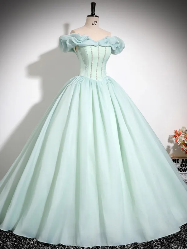 Élégant Vert Citron Robe De Bal 2024 Robe Boule De l'épaule Volants Manches Courtes Dos Nu Longue Promo Robe De Ceremonie
