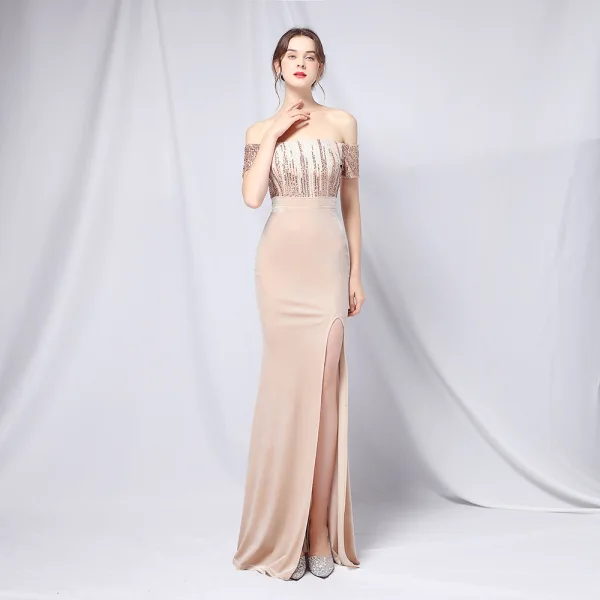 Sexy Black Sequins Evening Dresses 2022 Trumpet / Mermaid Off-The-Shoulder Short Sleeve Backless Split Front Floor-Length / Long Prom Formal Dresses