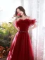 Charming Burgundy Pearl Sash Prom Dresses 2023 A-Line / Princess Ruffle Off-The-Shoulder Sleeveless Backless Floor-Length / Long Formal Dresses