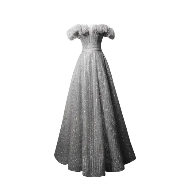 Bling Bling Grey Glitter Tassel Prom Dresses 2024 A-Line / Princess Ruffle Off-The-Shoulder Sleeveless Backless Floor-Length / Long Formal Dresses