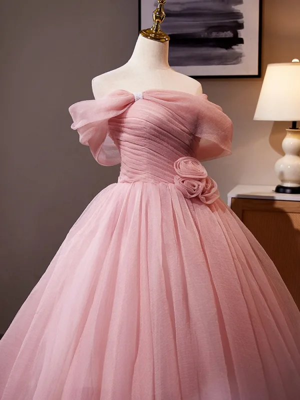 Elegant Blushing Pink Flower Prom Dresses 2024 Ball Gown Off-The-Shoulder Short Sleeve Backless Sweep Train Prom Formal Dresses