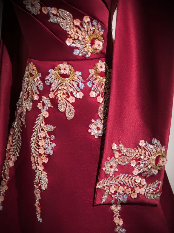 Chinese style Burgundy Beading Sequins Embroidered Satin Prom Dresses 2024 Ball Gown Strapless Removable sleeves Backless Floor-Length / Long Prom Formal Dresses