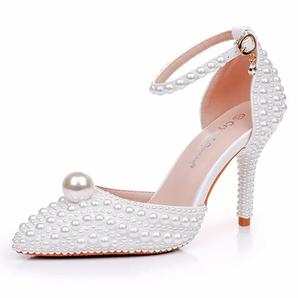 Elegant Beige Pearl Womens Shoes 2025 Ankle Strap 9 cm Stiletto Heels Wedding Pointed Toe High Heels Heels