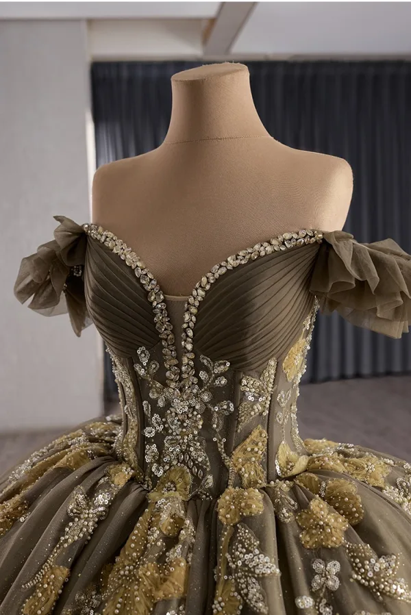 Vintage / Retro High-end Brown Beading Pearl Sequins Quinceañera Prom Dresses 2025 Ball Gown Off-The-Shoulder Short Sleeve Backless Chapel Train Formal Dresses